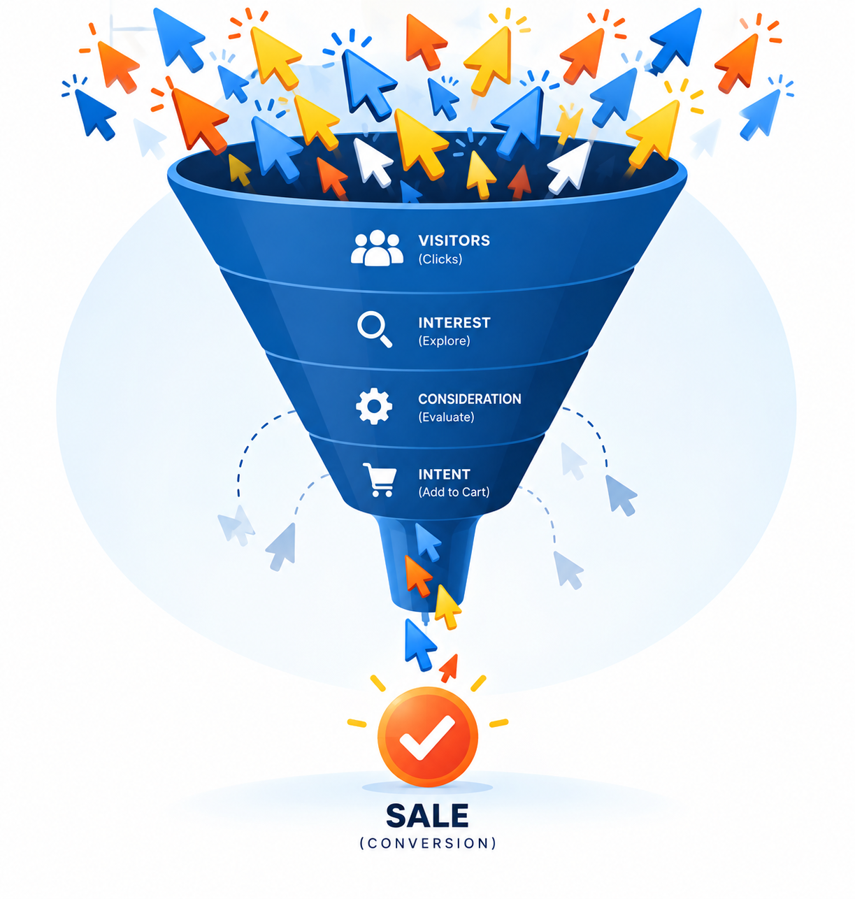 A conversion funnel showing the path from visitors and interest to consideration, intent and sale