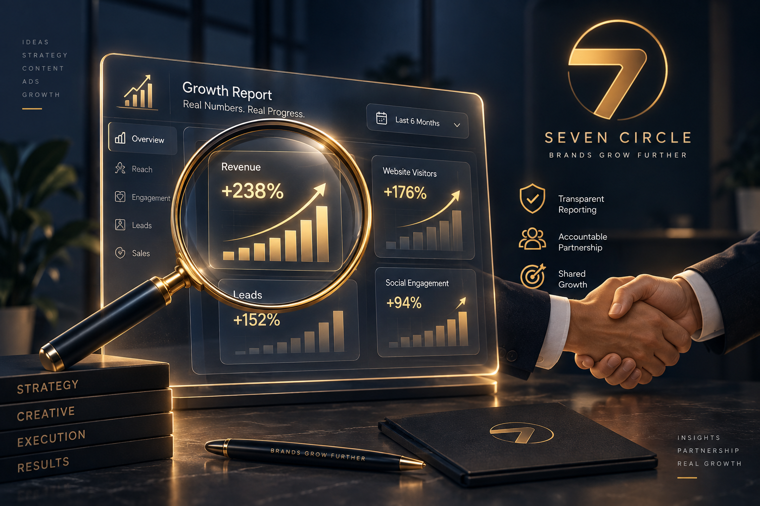 A transparent marketing growth report showing business results and partnership