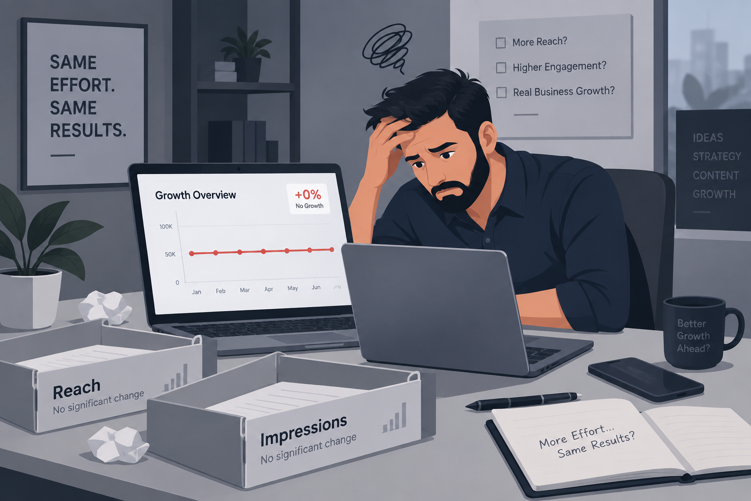 A business doing more marketing work while its growth report remains flat