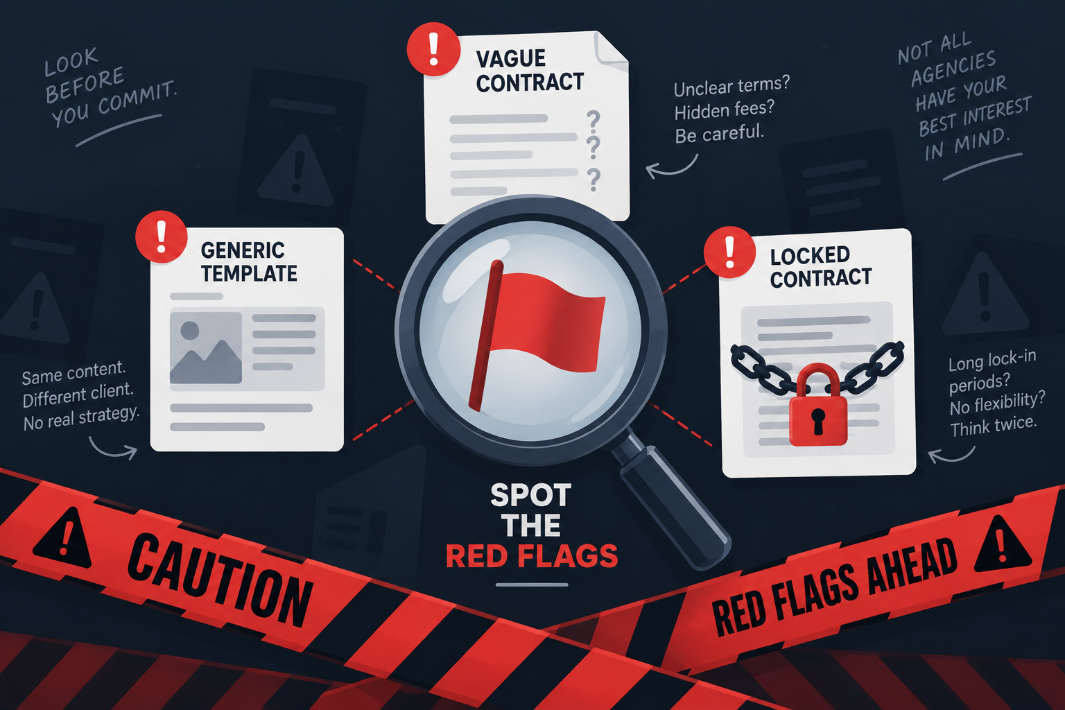 A magnifying glass identifying generic templates, vague contracts and locked-in agency agreements