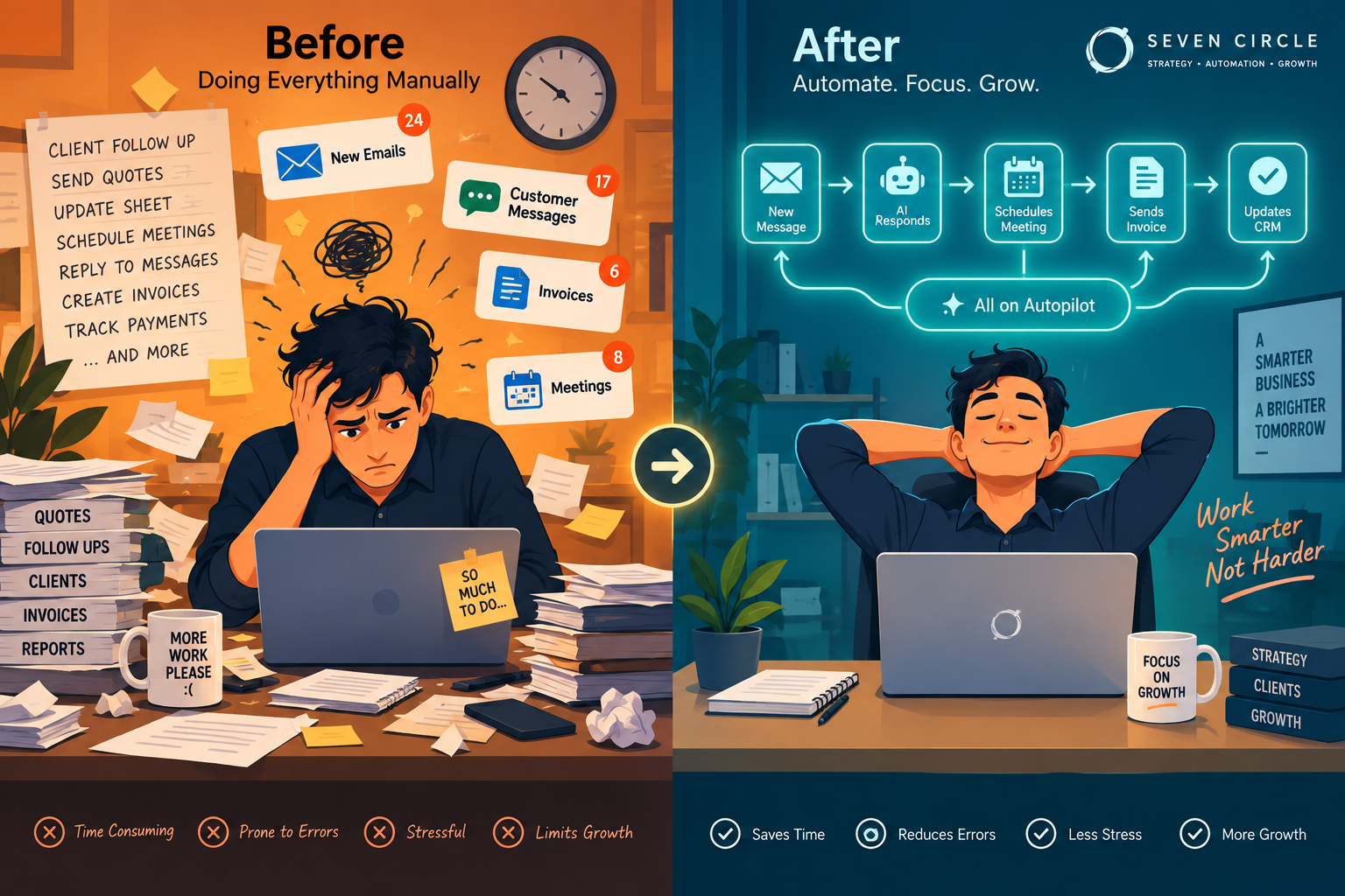 A before and after comparison showing a business moving from manual work to automated workflows