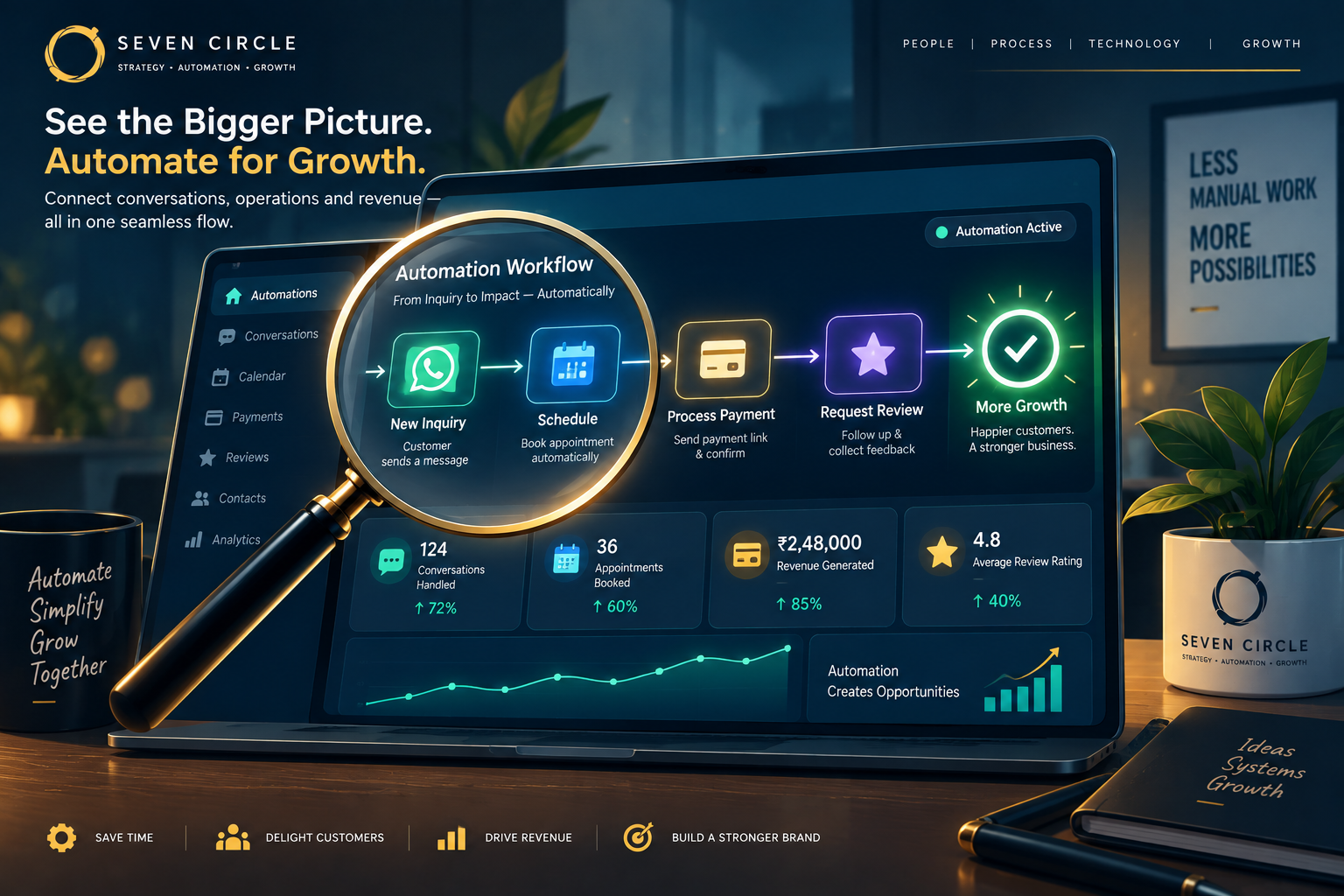 An automation dashboard connecting conversations, operations and growth