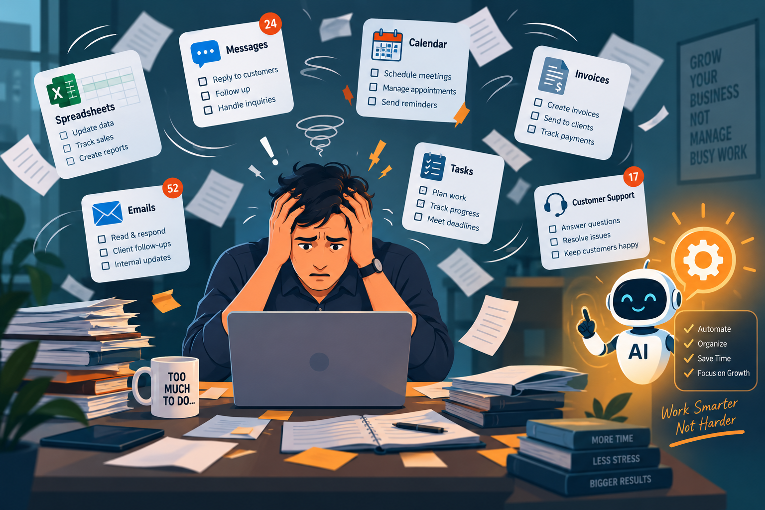 An overwhelmed business owner surrounded by messages, invoices, tasks and spreadsheets