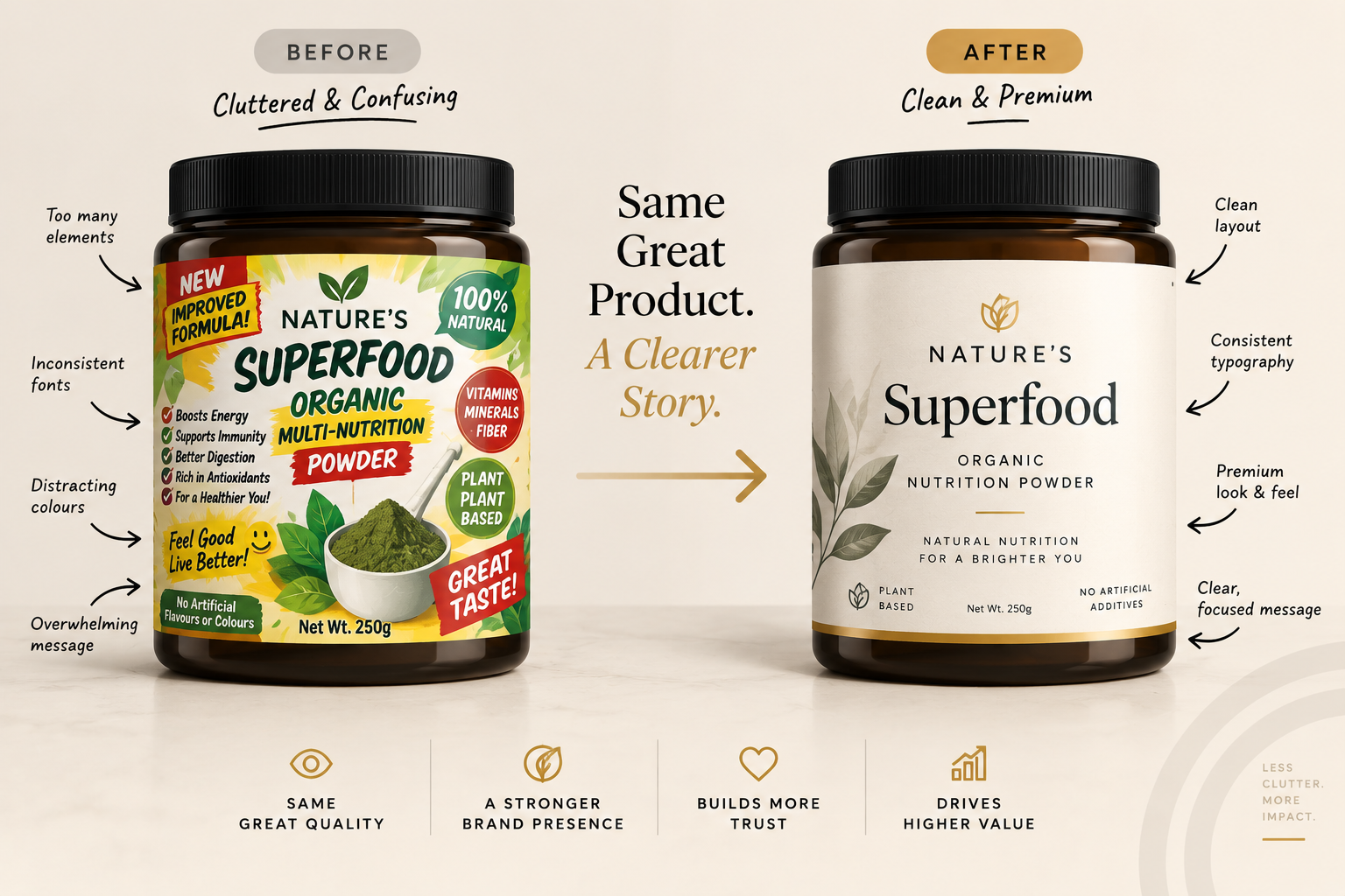 A before and after comparison showing cluttered packaging becoming clean and premium
