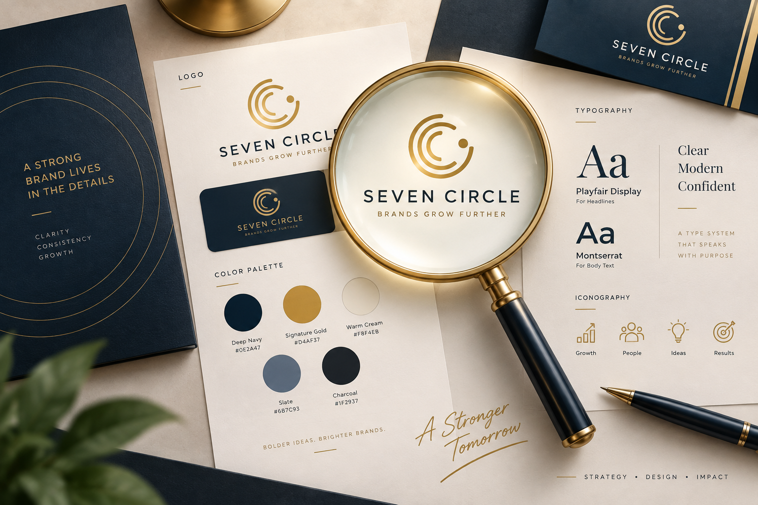 A premium brand guideline system showing logo, typography, colours and iconography