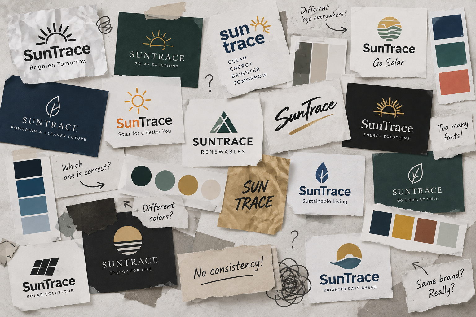 A collage showing many inconsistent logos, colours and brand directions