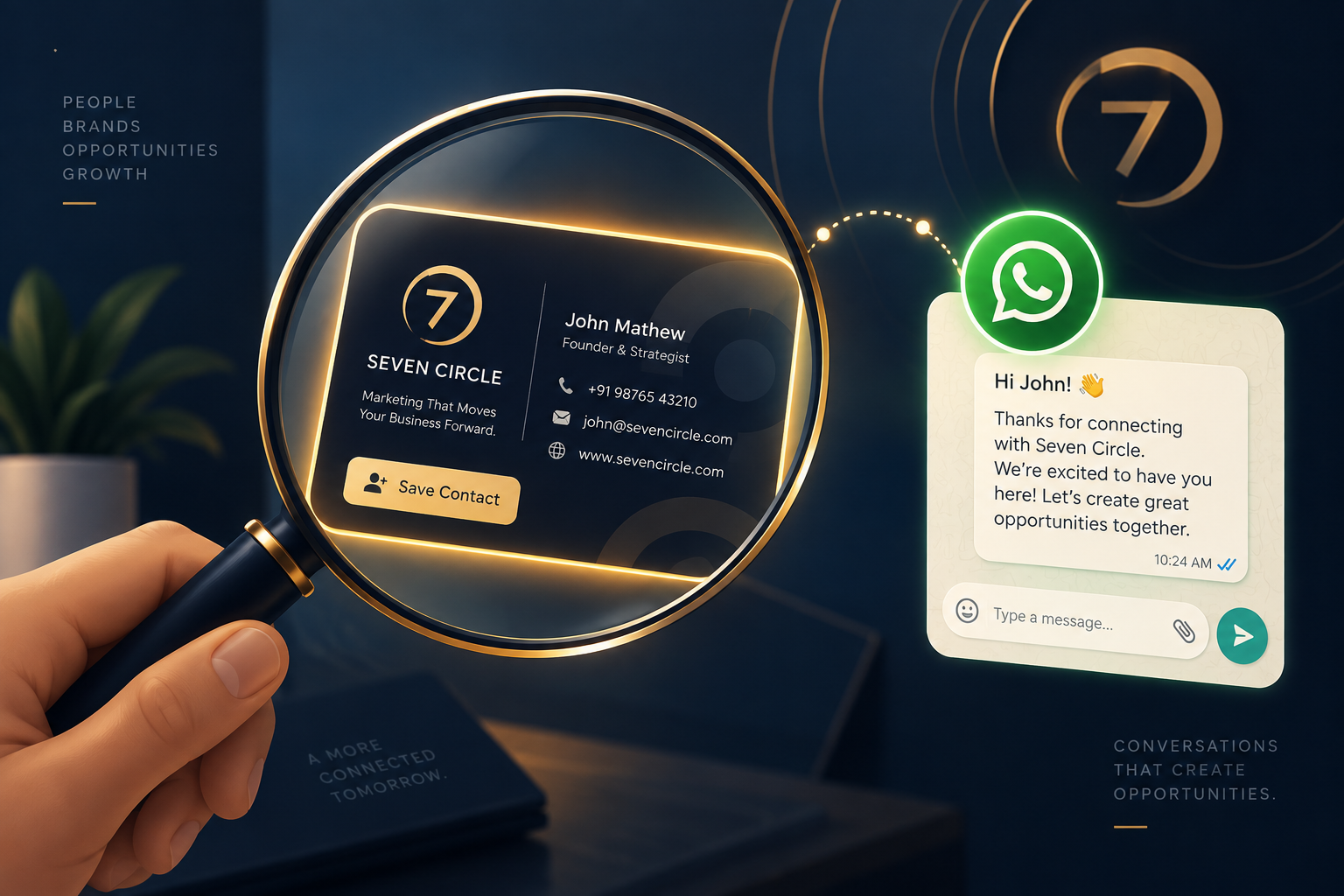 A digital contact card connected to a thoughtful WhatsApp conversation