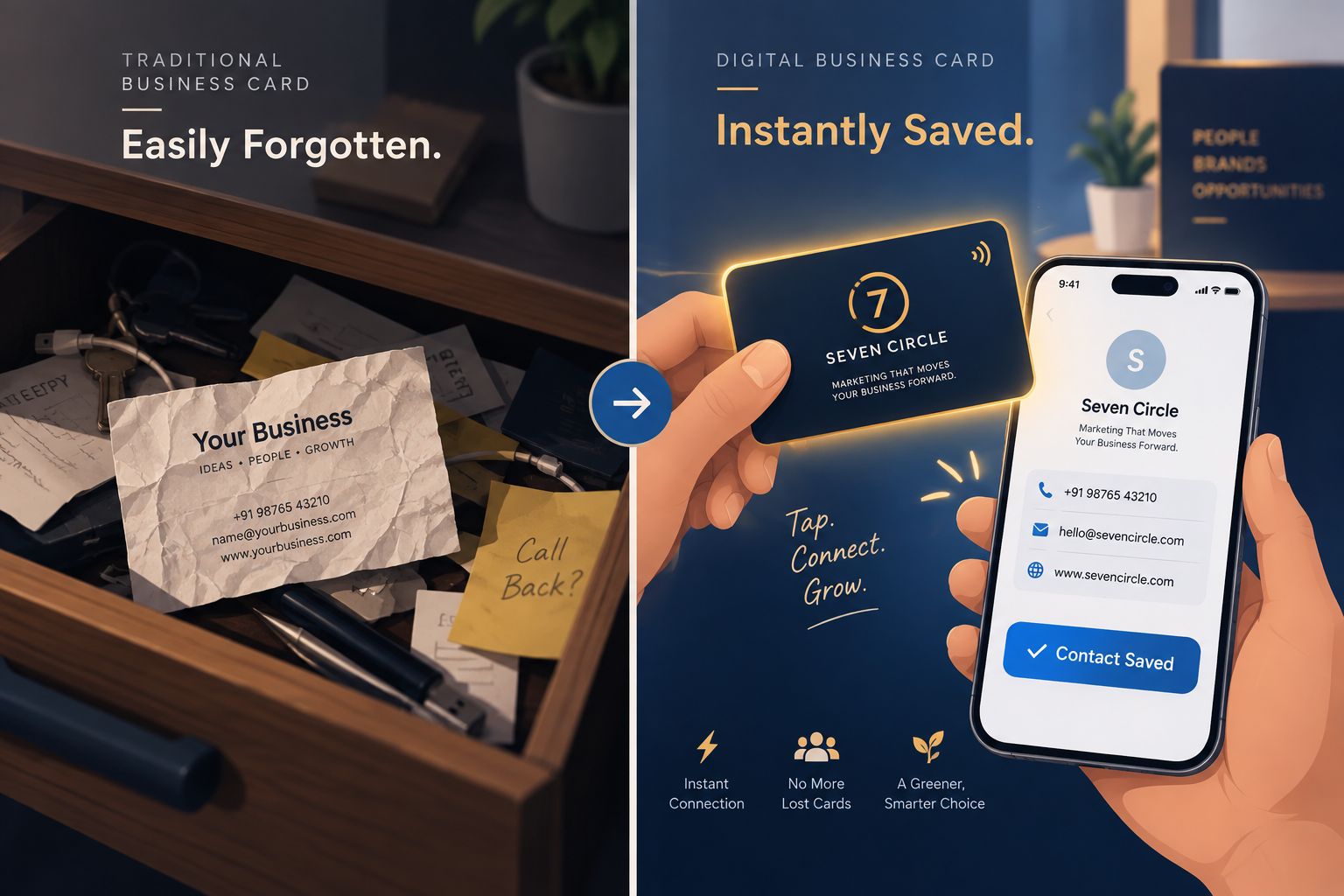 A forgotten paper business card compared with a digital card saved instantly to a phone