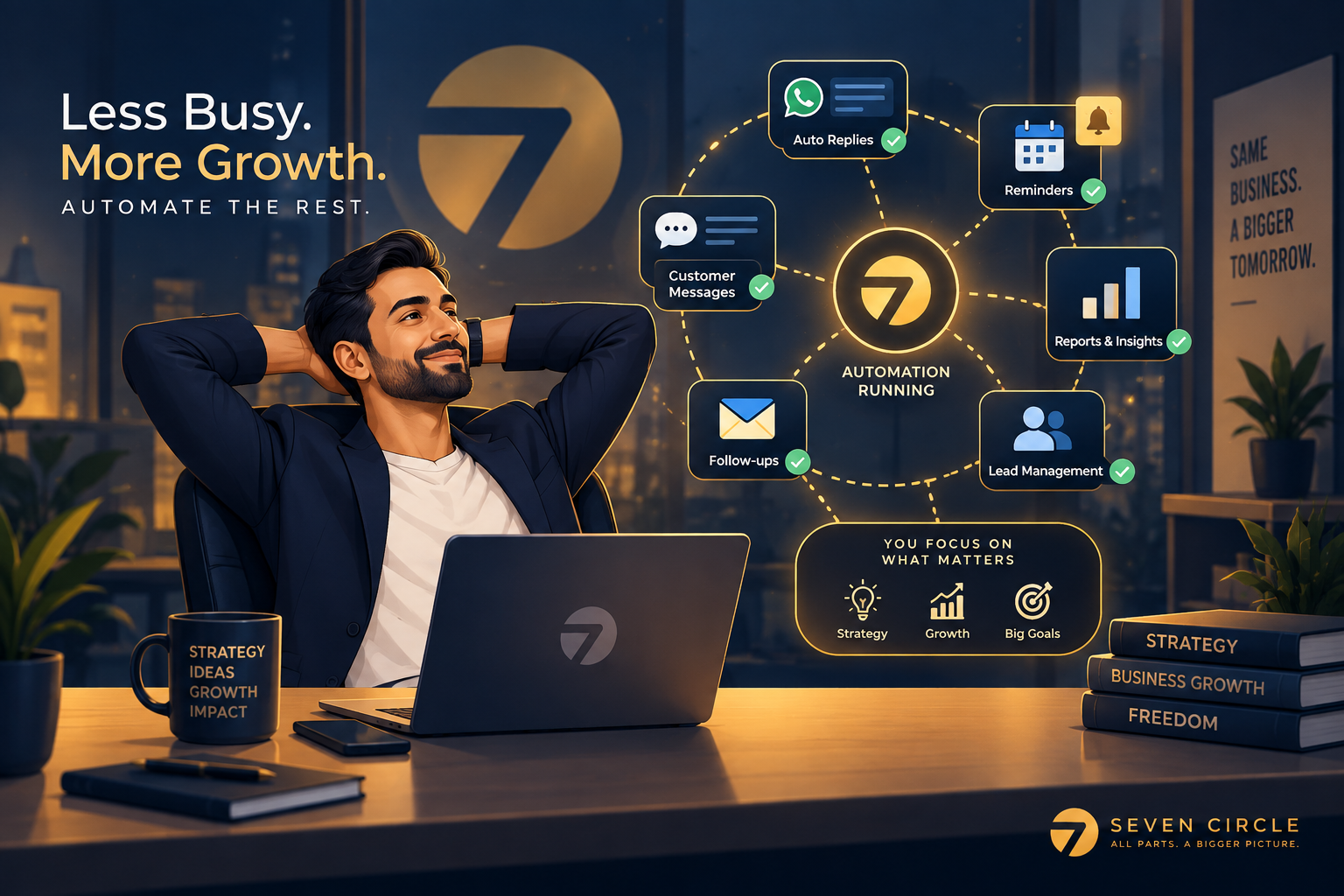 A business owner relaxing while messages, reminders, follow-ups and reports run through automation