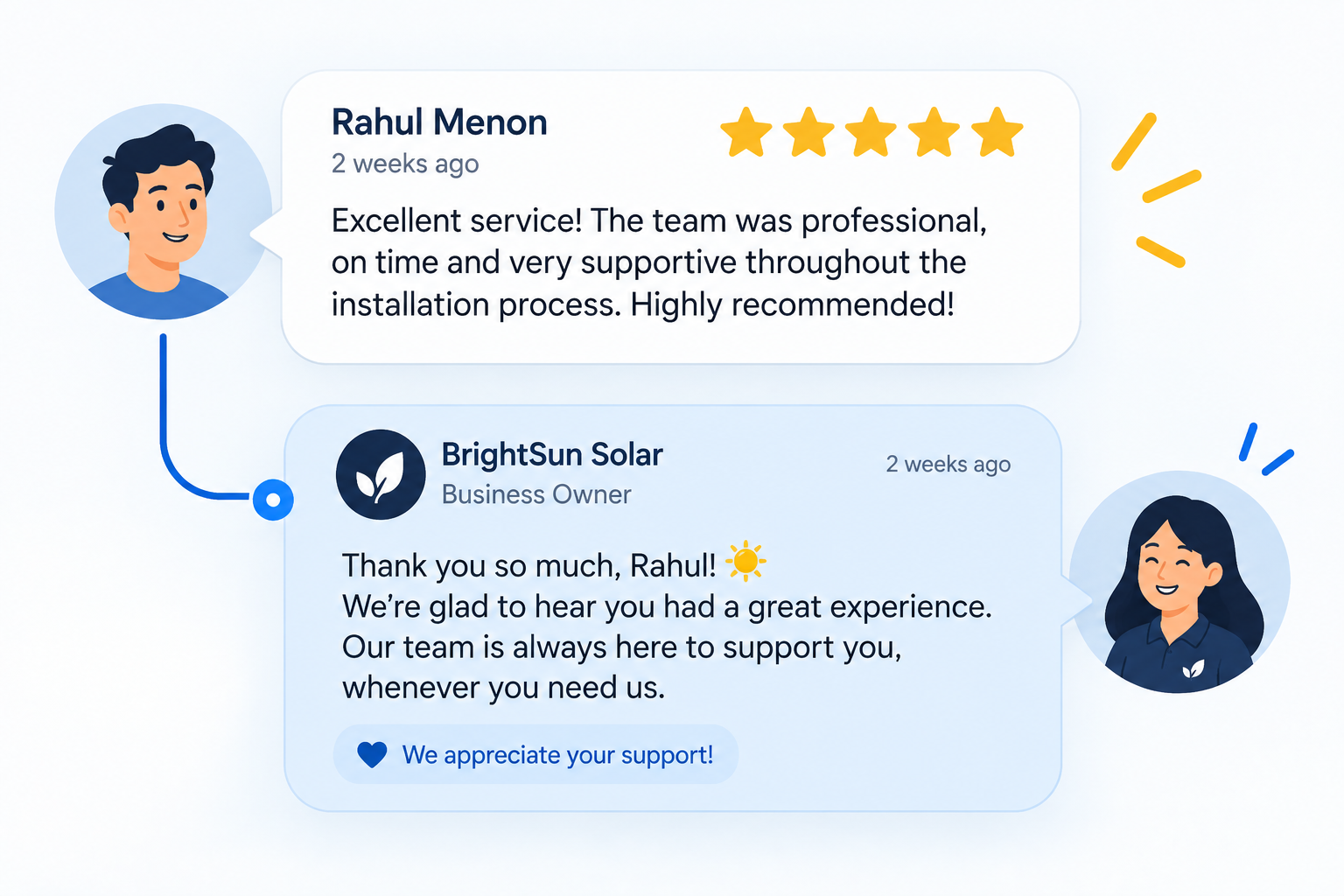 A positive customer review followed by a warm business response