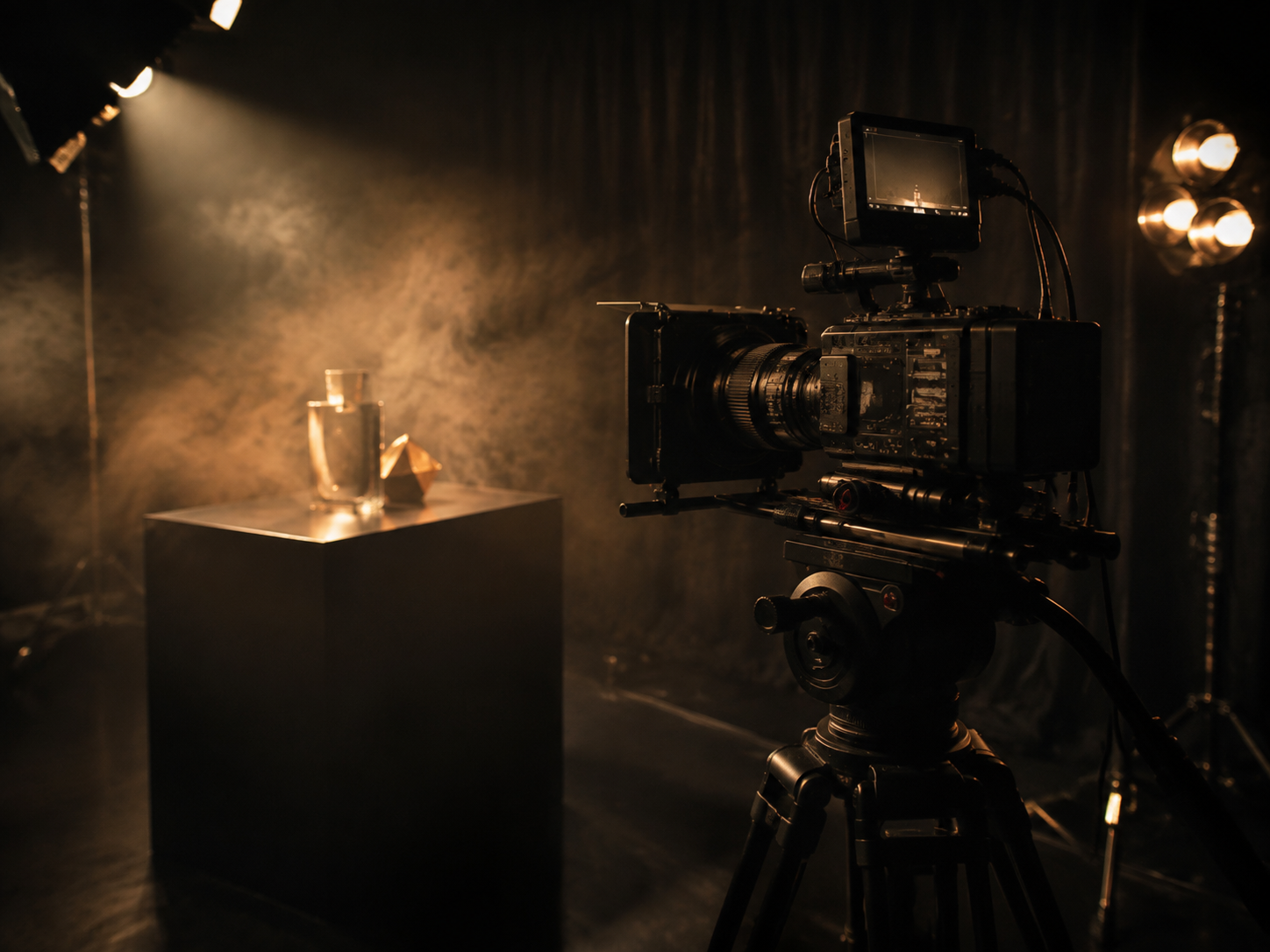 Creative studio with a camera and warm light