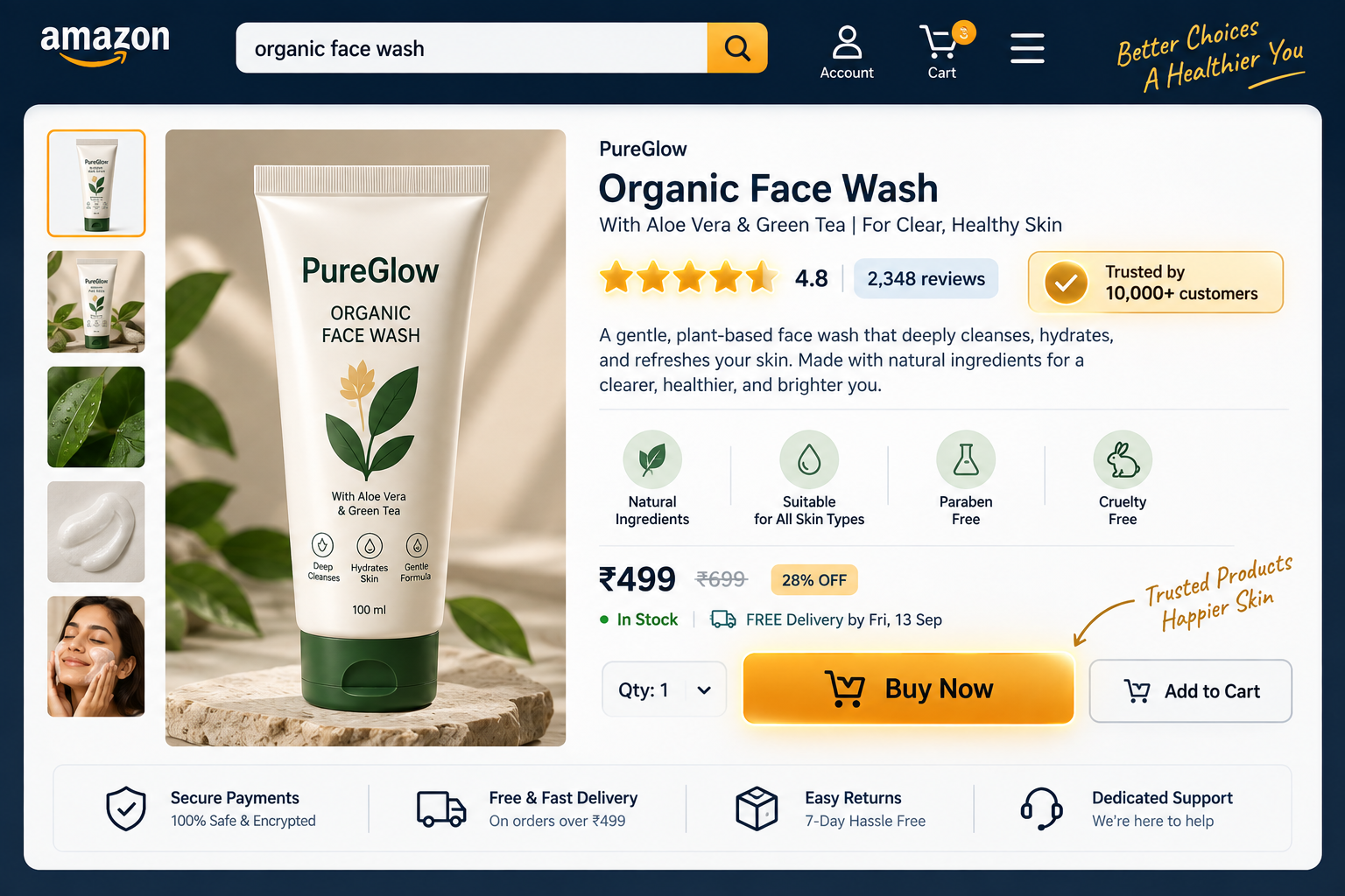 A detailed marketplace product page showing strong photos, reviews, benefits, price and buying options