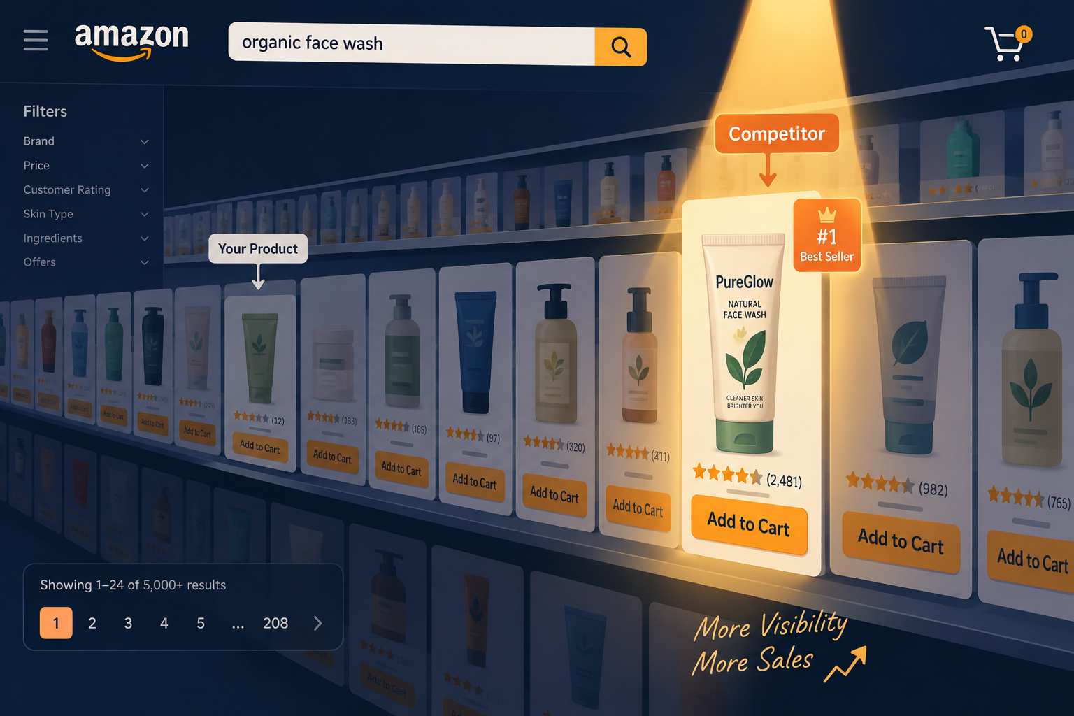 A marketplace search result spotlighting one product among many competing listings