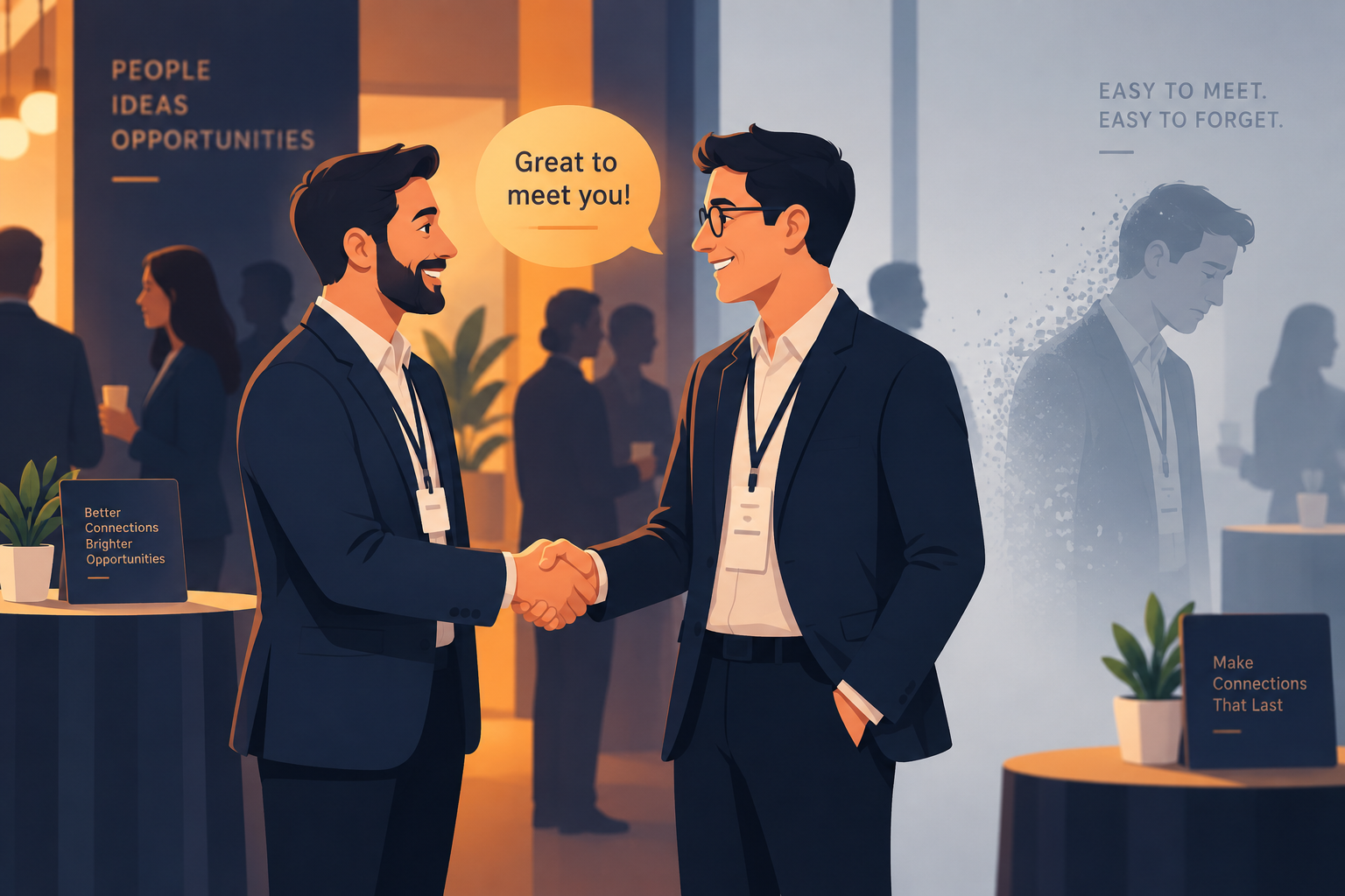Two people meeting while another connection fades into the background