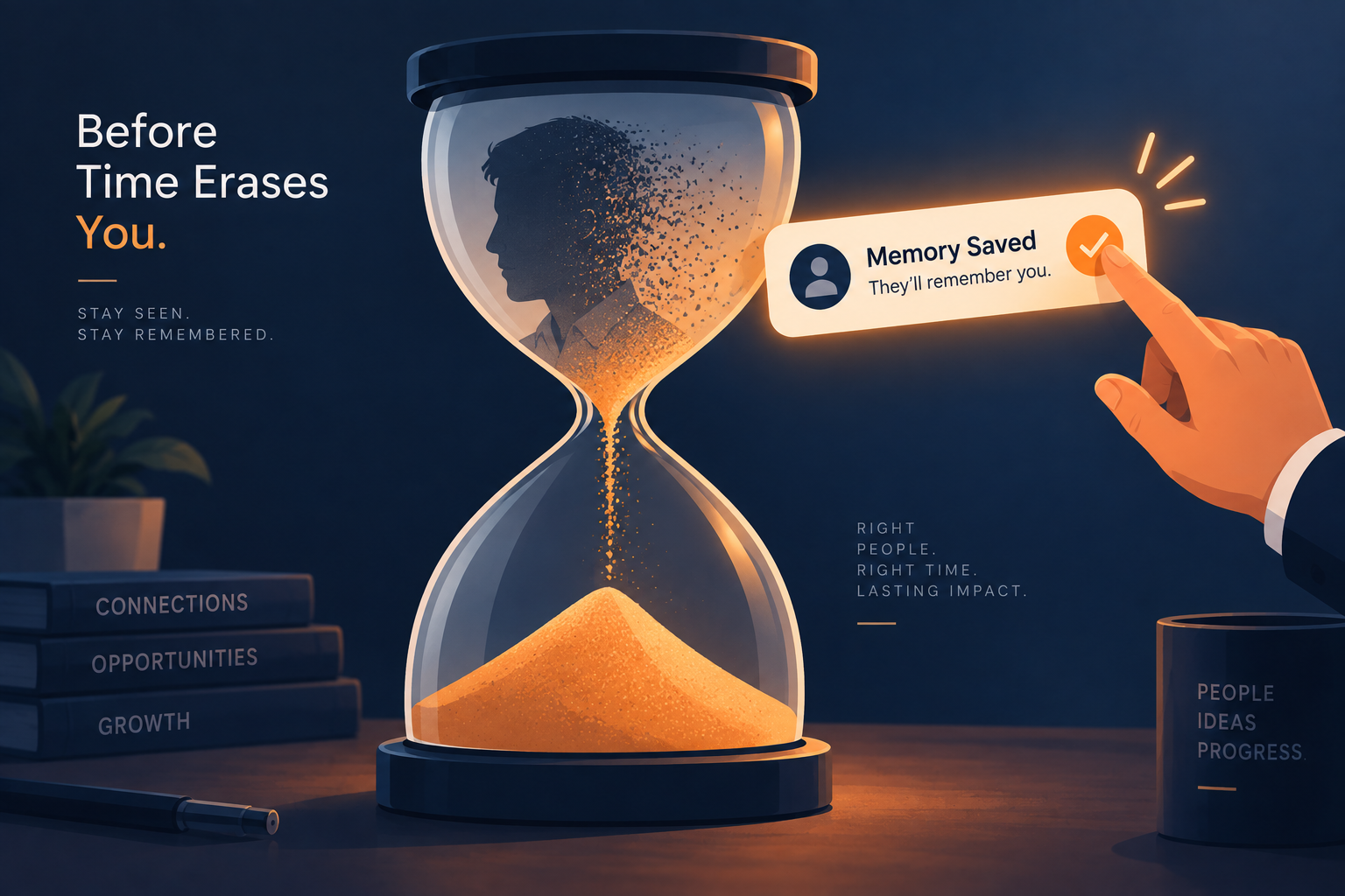 An hourglass showing a person's memory fading while a reminder saves the connection