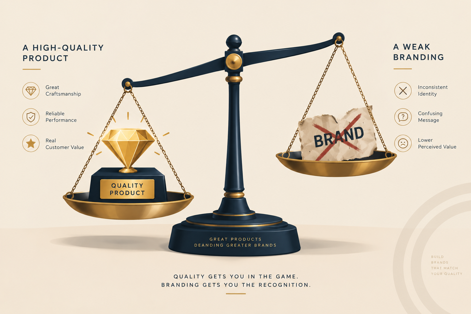 A high-quality product contrasted with weak branding and lower perceived value