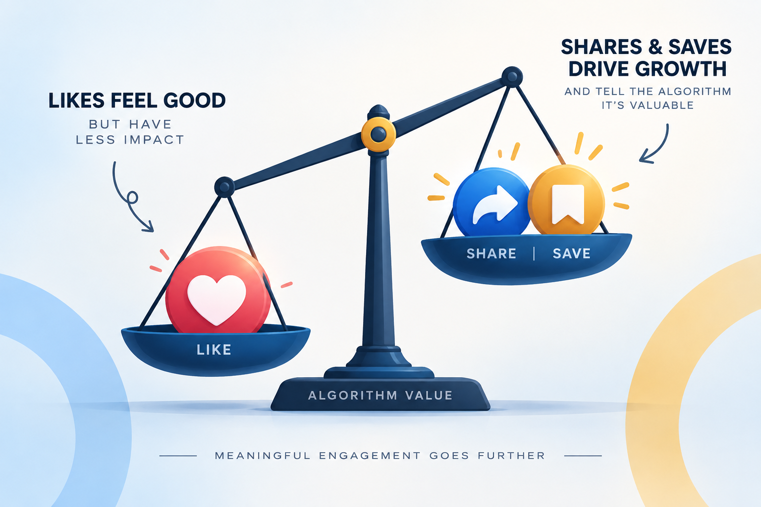A visual comparison showing likes versus shares and saves as signals of algorithmic value