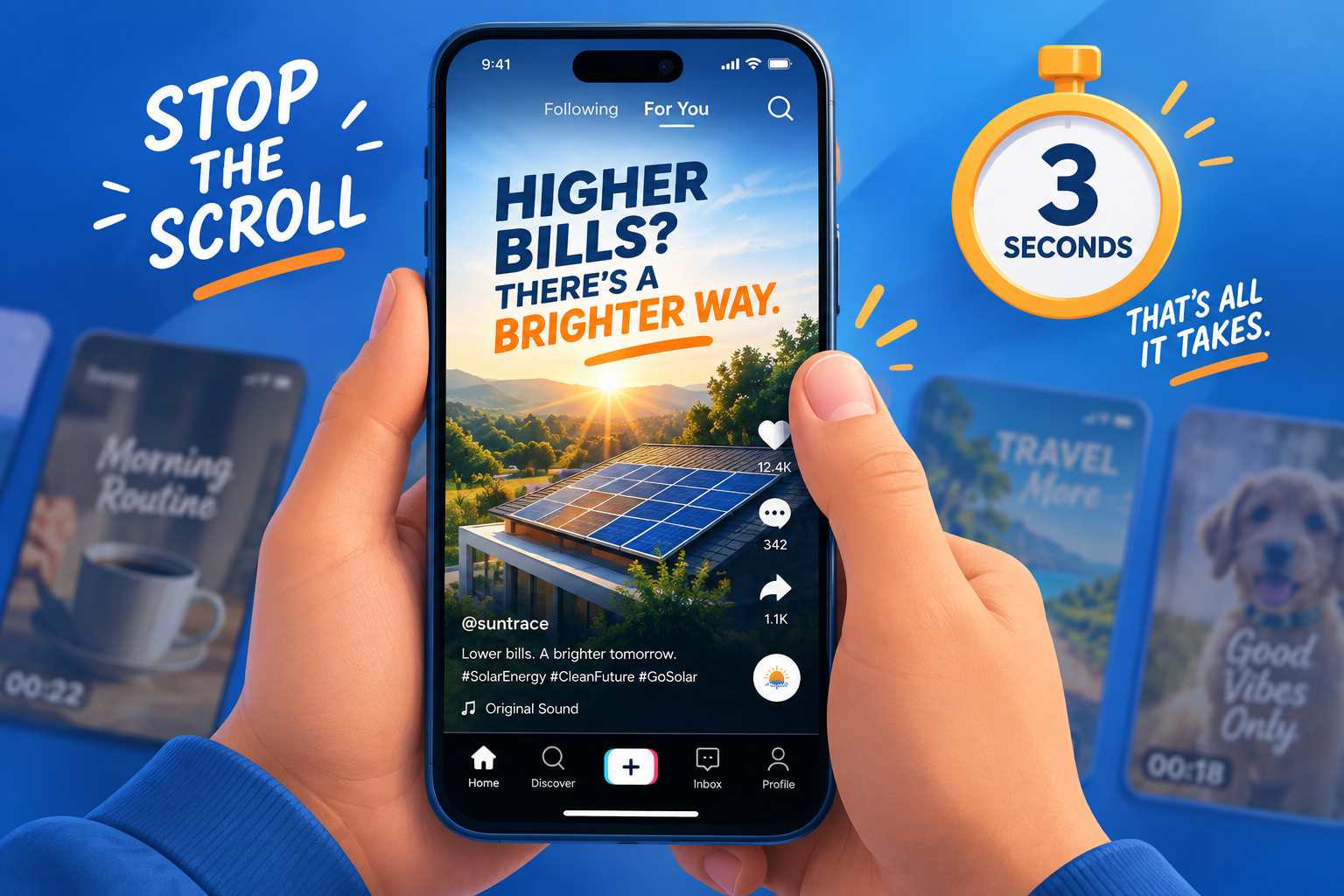 A social media video shown with a three-second timer and a strong hook