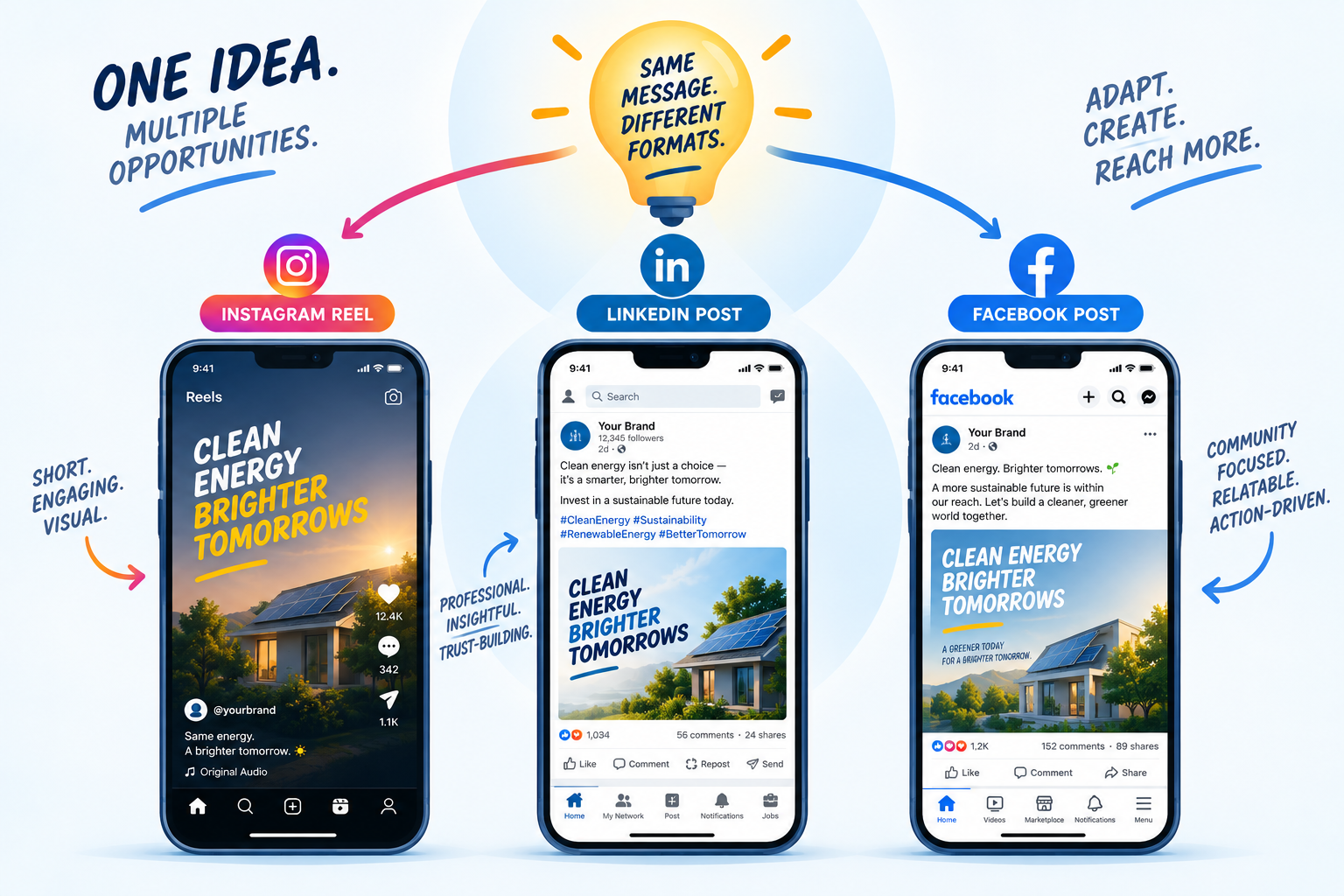 One social media idea adapted into an Instagram Reel, LinkedIn post and Facebook post