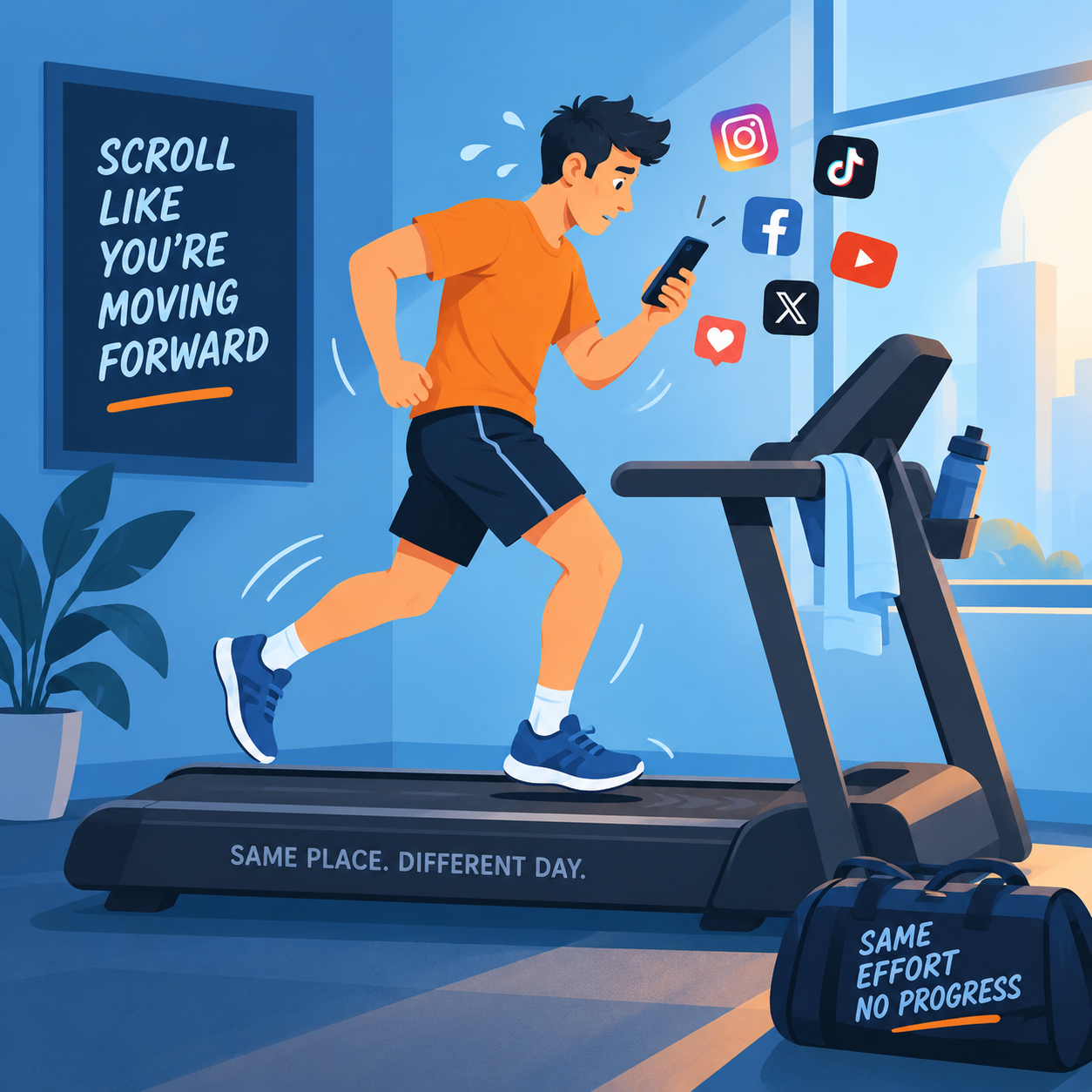 A person scrolling through social media while running on a treadmill