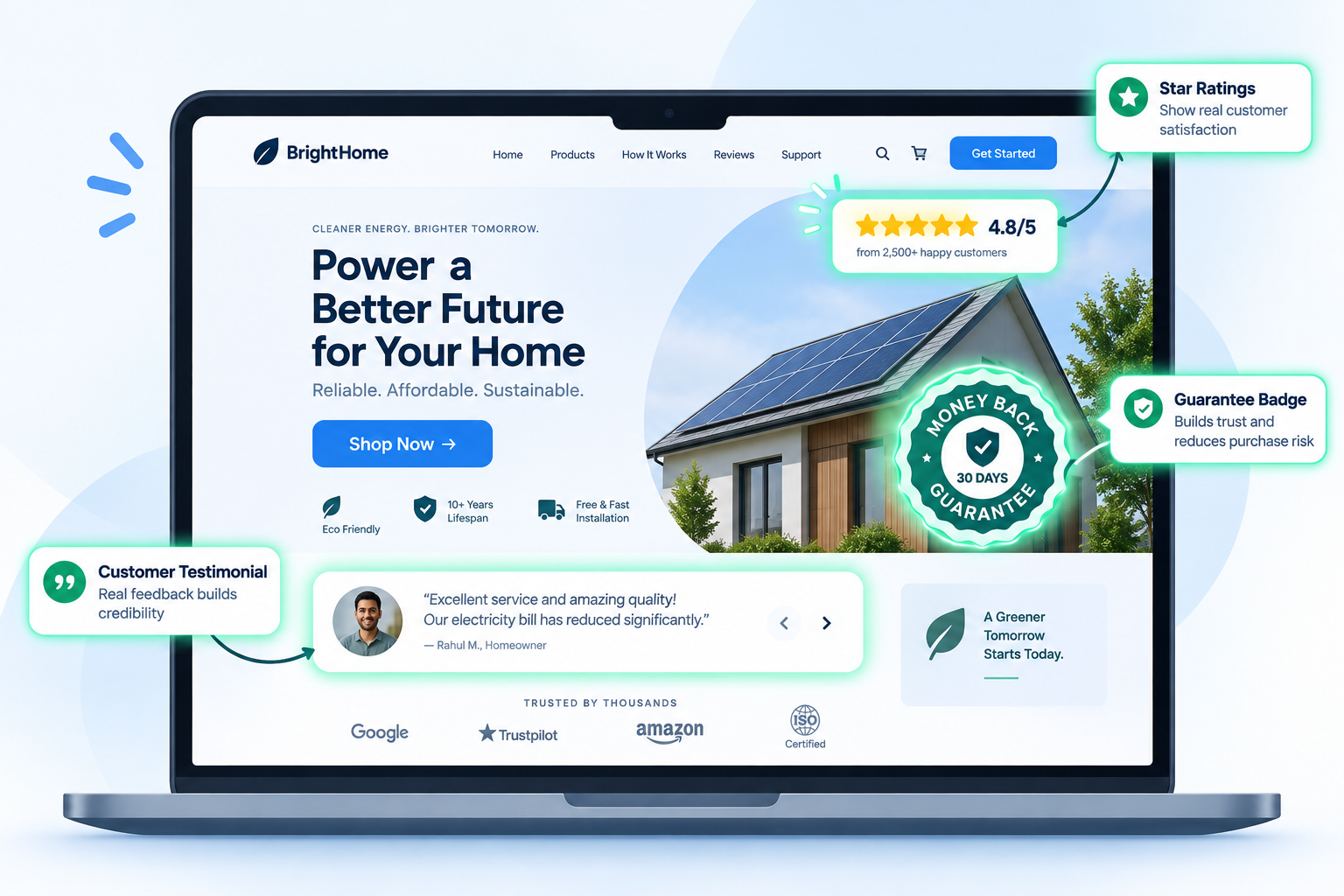 A website illustration showing customer testimonials, star ratings and a guarantee badge