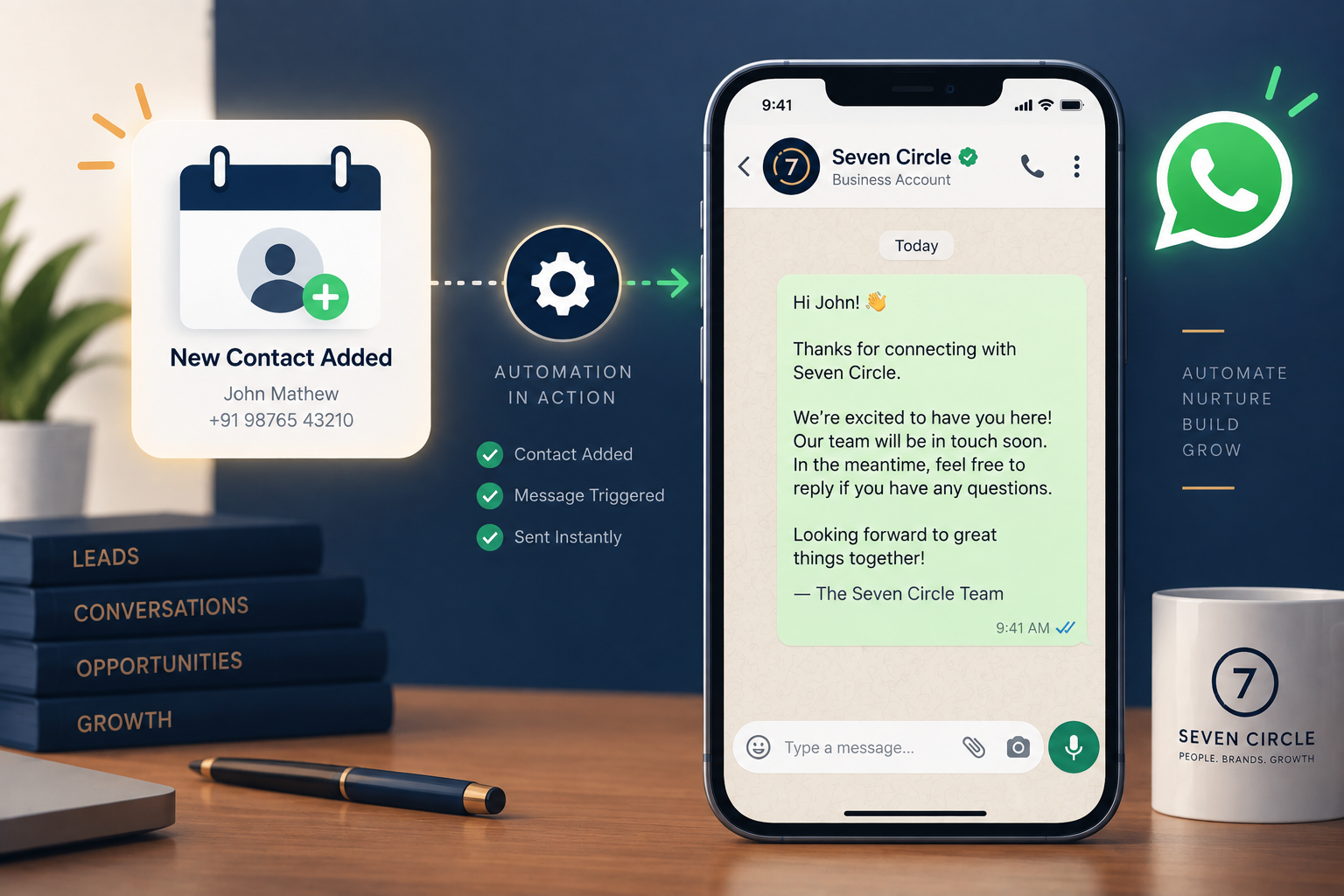 An automated WhatsApp message welcoming a new contact after a connection